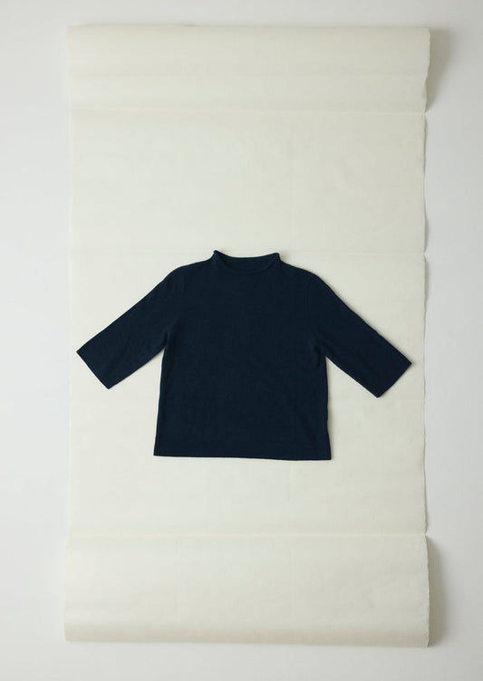 Fine Wool Cashmere Half Sleeve Sweater | Darkest Navy