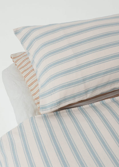 Fjord Stripe Cotton Flannel Housewife Pillowcase Set | Washed Blue/Ecru