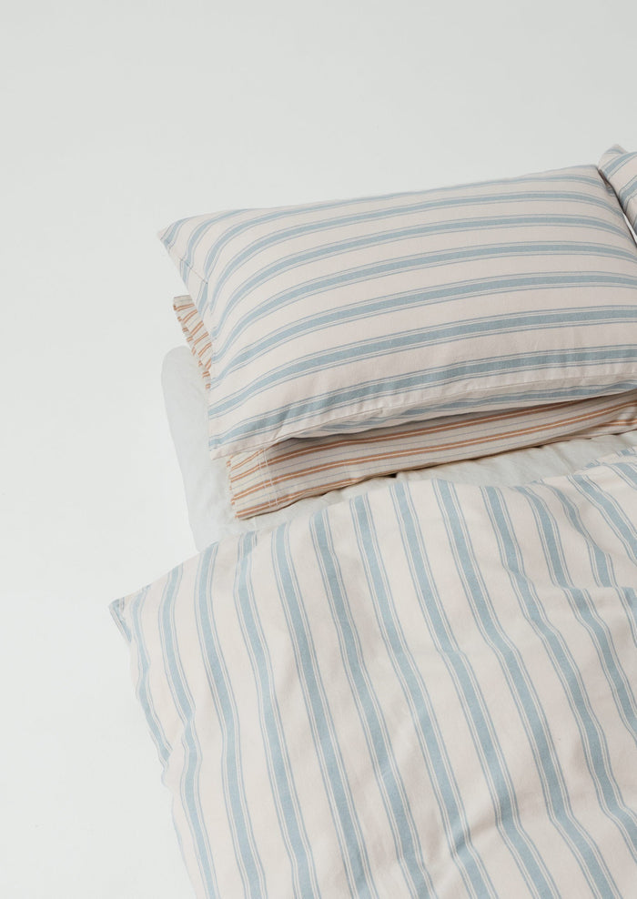 Fjord Stripe Cotton Flannel Housewife Pillowcase Set | Washed Blue/Ecru
