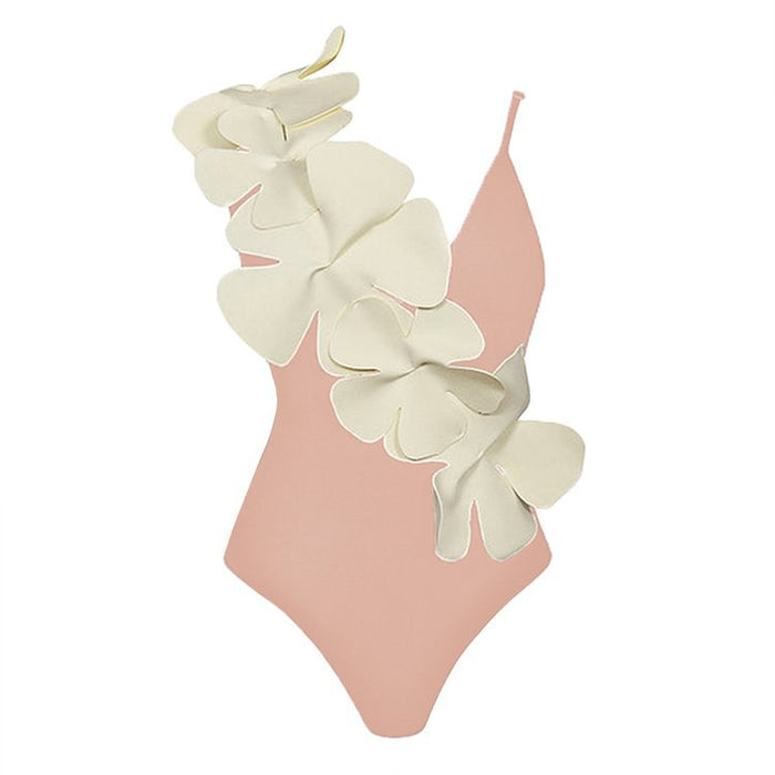 floral appliqué one-shoulder swimsuit with midi skirt set – ORANGE