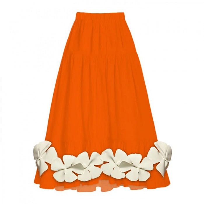 floral appliqué one-shoulder swimsuit with midi skirt set – ORANGE