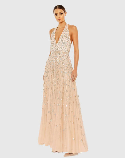 Light Pink Floral Embellished Halter Strap A Line Gown - Mac Duggal