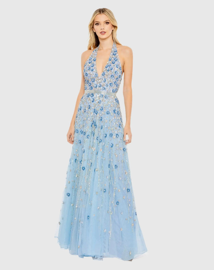 Light Blue Floral Embellished Halter Strap A Line Gown - Mac Duggal