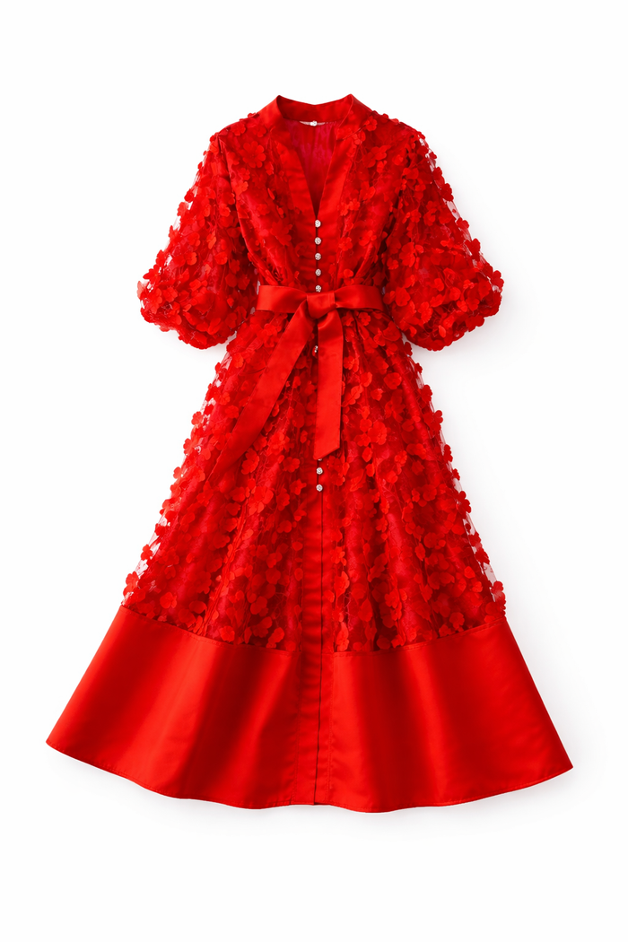 floral lace midi dress with satin hem and waist bow – BODY