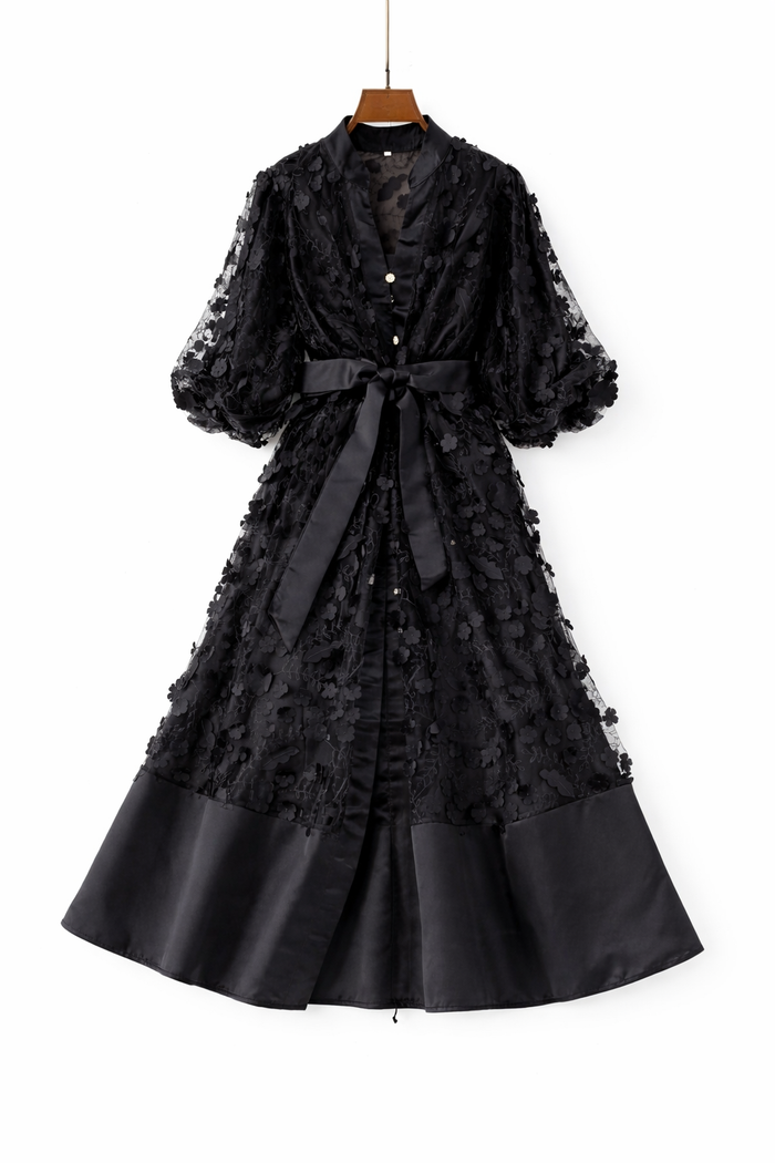 floral lace midi dress with satin hem and waist bow – BODY