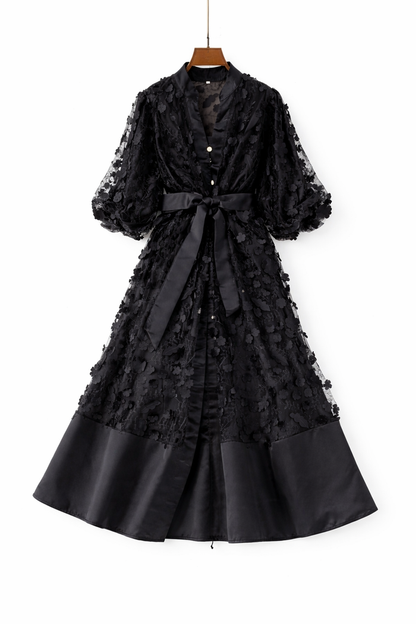 floral lace midi dress with satin hem and waist bow – BODY