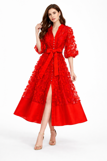 floral lace midi dress with satin hem and waist bow – BODY