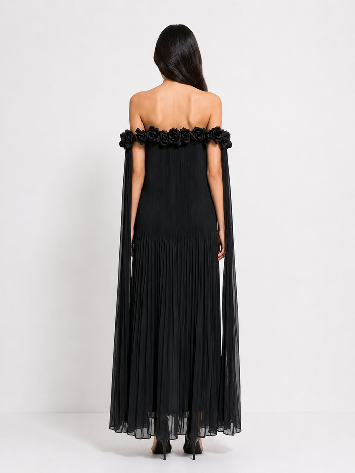 Floral Off-Shoulder Pleated Maxi Dress - Ivory