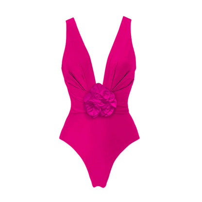 floral plunge one-piece with ruffle wrap skirt – FUCHSIA