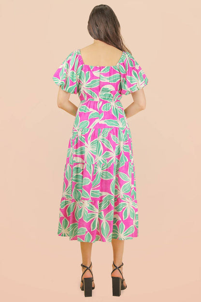 Floral Printed Puff Sleeve Resort Midi Dress