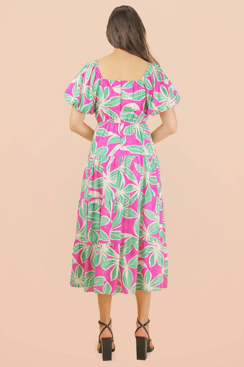 Floral Printed Puff Sleeve Resort Midi Dress