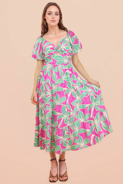 Floral Printed Puff Sleeve Resort Midi Dress