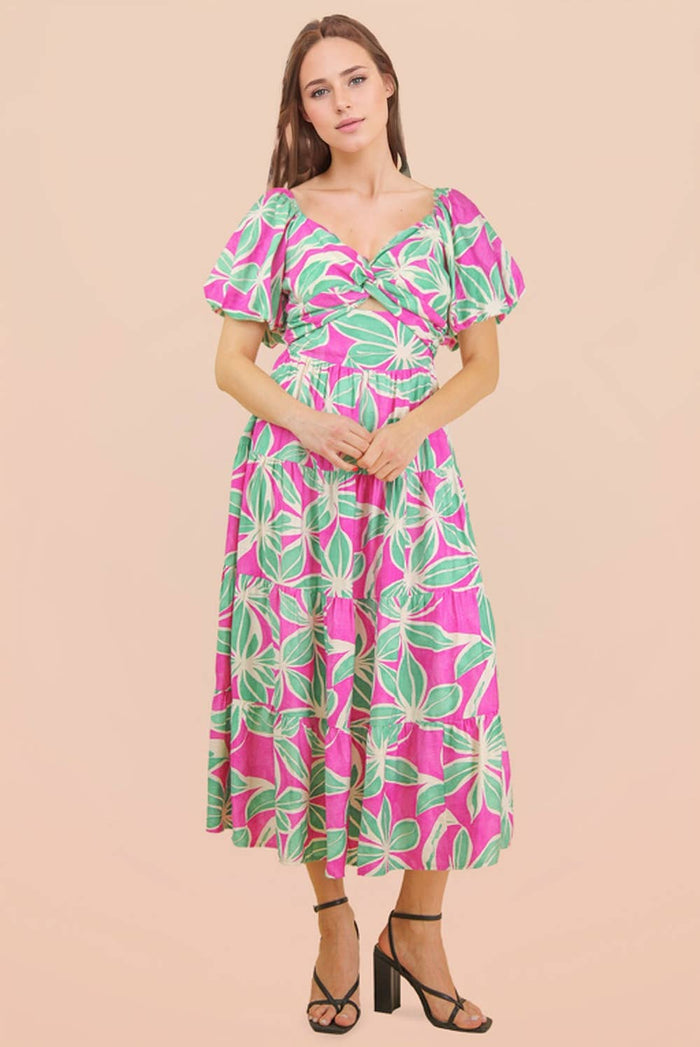 Floral Printed Puff Sleeve Resort Midi Dress