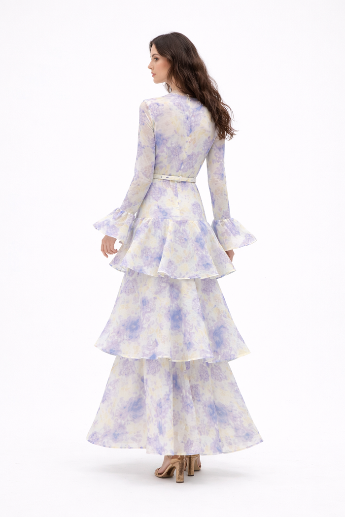 Floral Tiered Maxi Dress with Deep V-Neck and Flared Sleeves – DREAM