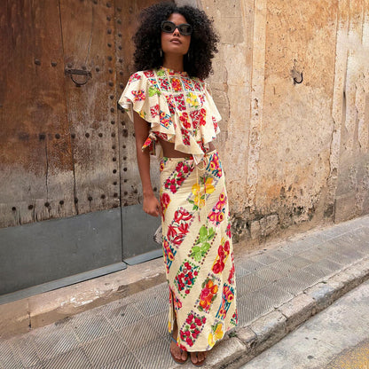 Fruit Stamps Mabel Skirt with Mediterranean citrus print and drawstring waist, paired as a co-ord with the Florence top.