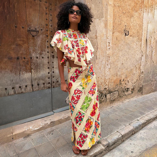 Fruit Stamps Mabel Skirt with Mediterranean citrus print and drawstring waist, paired as a co-ord with the Florence top.