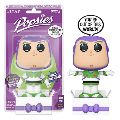 Buzz Lightyear Funko Popsies with pop up message You're out of this world
