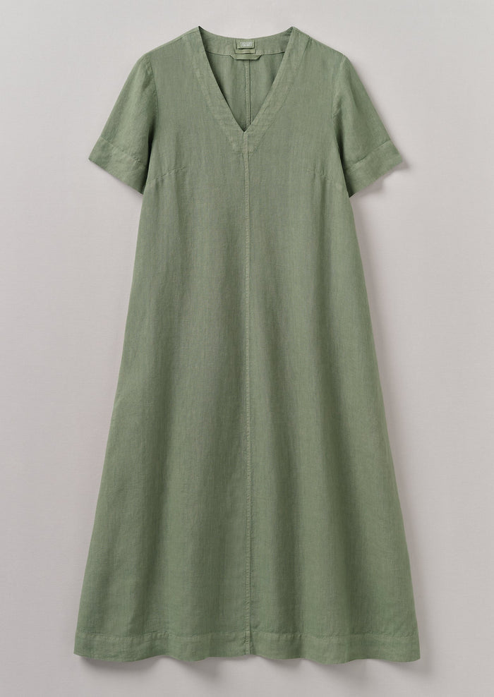 Garment Dyed Linen V Neck Dress | Light Sage