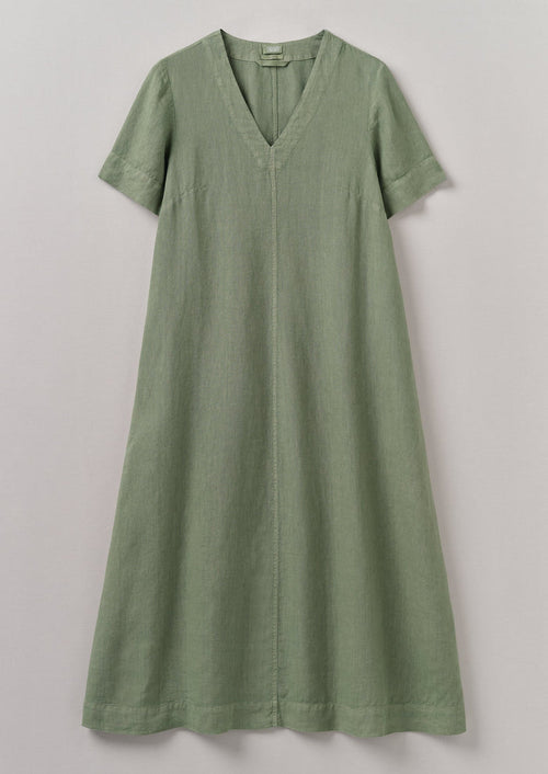 Garment Dyed Linen V Neck Dress | Light Sage
