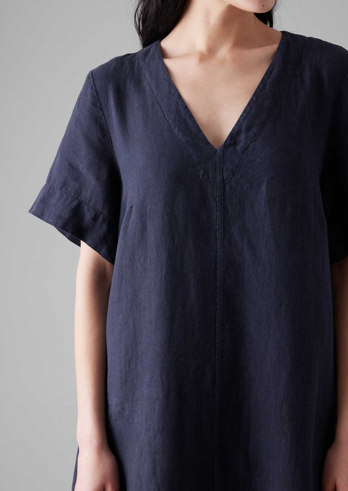 Garment Dyed Linen V Neck Dress | Midnight