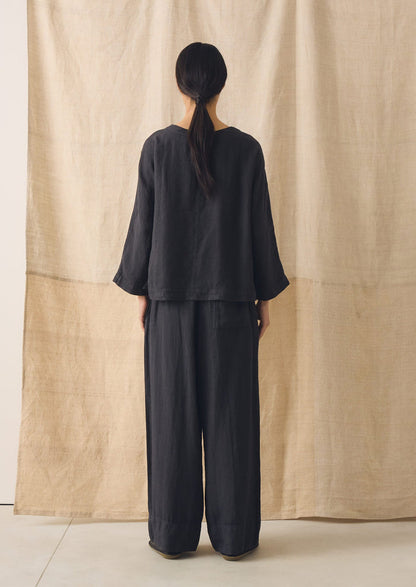 Garment Dyed Linen Wide Leg Trousers | Black Pepper