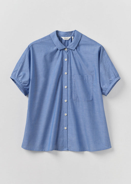 Gathered Cotton Chambray Shirt | Light Blue