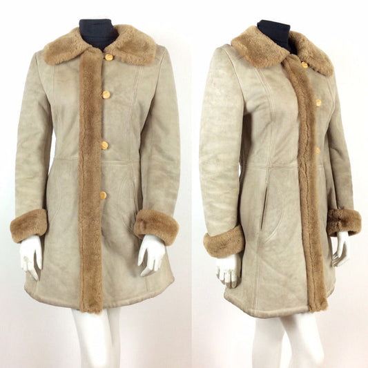 GENUINE VINTAGE 70s SHEARLING SHEEPSKIN CREAM BEIGE COAT FUR TRIM 12 14 16