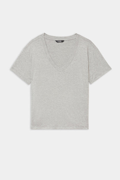 The SPLITS59 Georgia Jersey V-Neck in Heather Grey is a soft spandex short-sleeve t-shirt with a V-neck, shown laid flat on a white background.