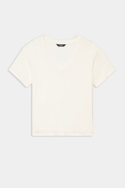 The Georgia Jersey V-Neck - White by SPLITS59, a soft blend short-sleeve crop top, is shown laid flat on a white background.