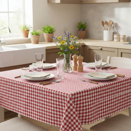 Dining table set with a red and white checkered tablecloth in a kitchen.
