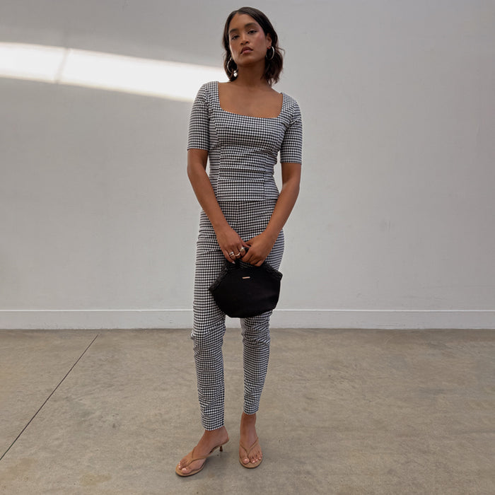 NFD Gingham Top co-ord with corset-style darts and a square neckline, designed in London for a capsule wardrobe.