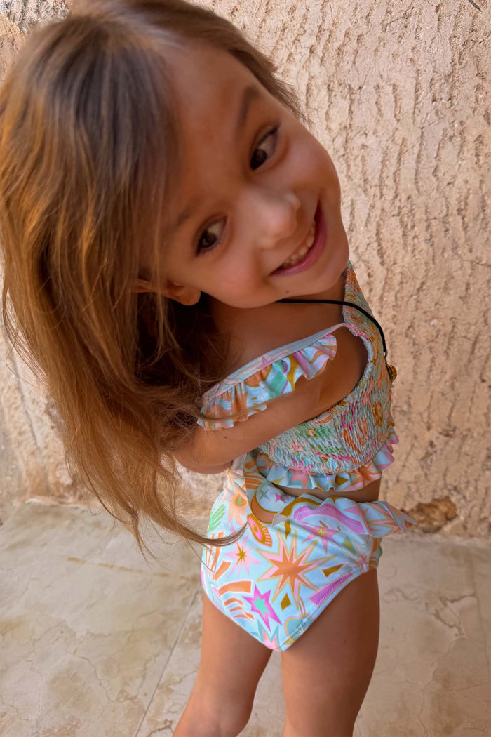 Blue Starburst Crop Bikini Set for girls with smocked frill details and colourful celestial motifs.