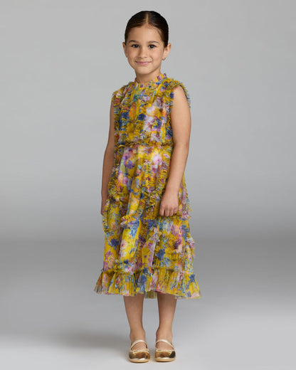 Girls Yellow Floral High Neck Ruffle Dress Mac Duggal