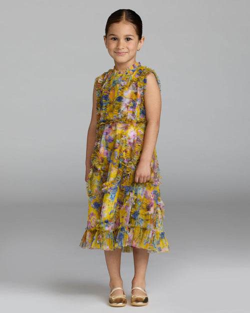 Girls Yellow Floral High Neck Ruffle Dress Mac Duggal