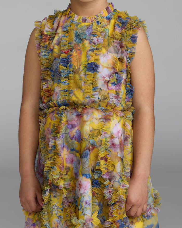 Girls Yellow Floral High Neck Ruffle Dress Mac Duggal