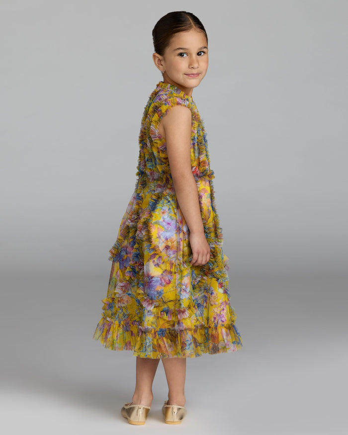 Girls Yellow Floral High Neck Ruffle Dress Mac Duggal