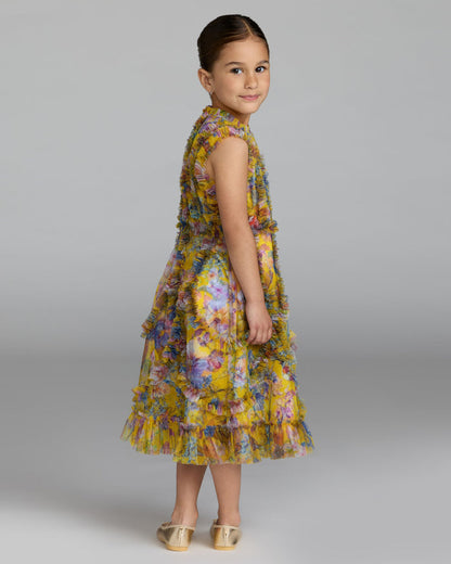 Girls Yellow Floral High Neck Ruffle Dress Mac Duggal