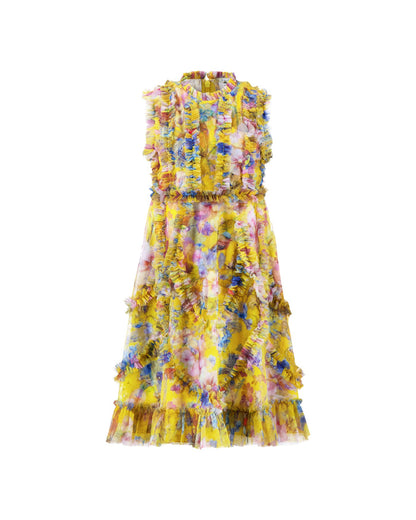 Girls Yellow Floral High Neck Ruffle Dress Mac Duggal