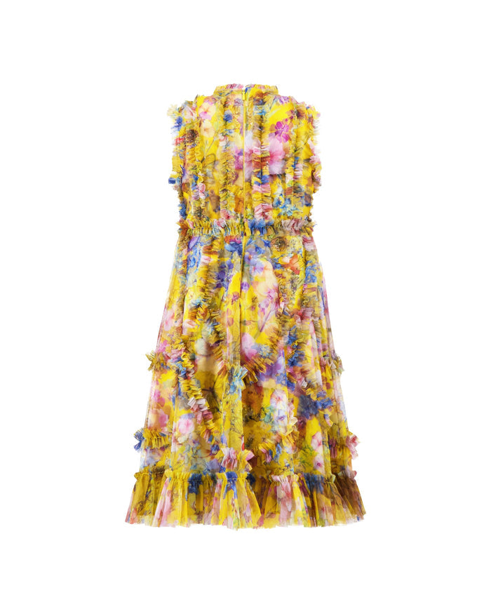 Girls Yellow Floral High Neck Ruffle Dress Mac Duggal