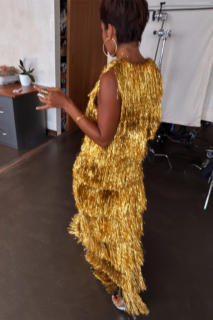 Gold Fringe Dress featuring tiered gold foil tassels and a sleeveless midaxi silhouette.