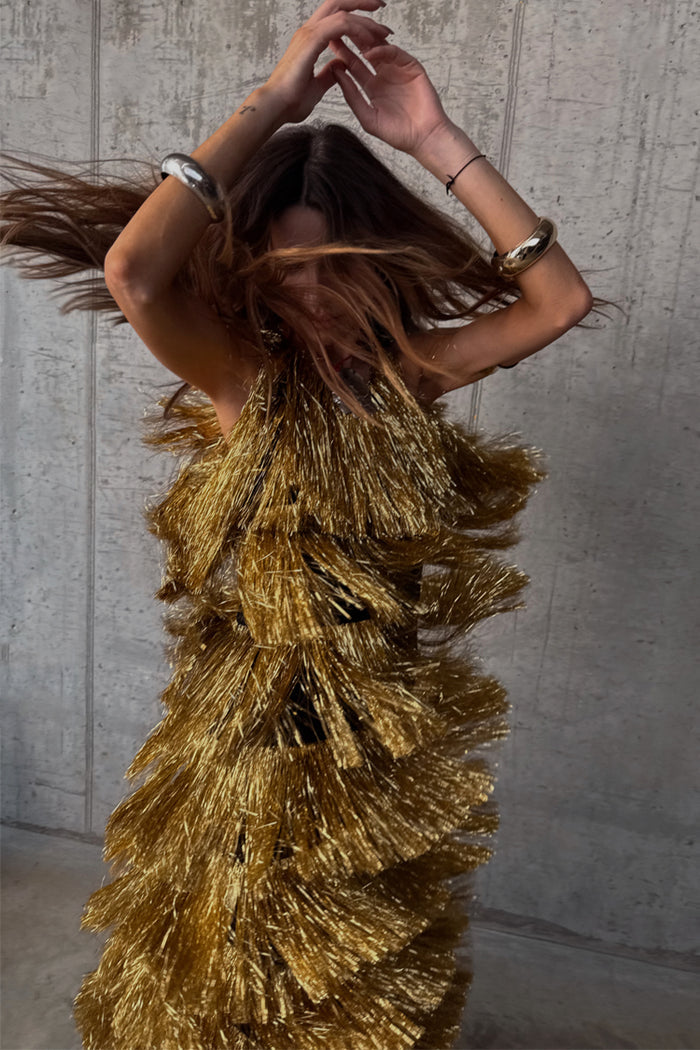Gold Fringe Dress featuring tiered gold foil tassels, designed for movement and feel good dressing.
