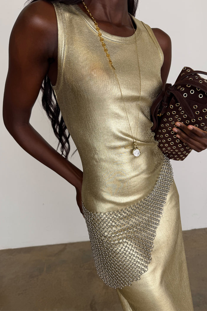 Gold Metallic Ribbed Dress in a sleeveless silhouette with a textured finish and silver chainmail detailing.