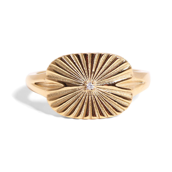 Gold Stainless Steel Cubic Zirconia Sunburst Rectangle Ring