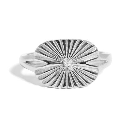 Gold Stainless Steel Cubic Zirconia Sunburst Rectangle Ring