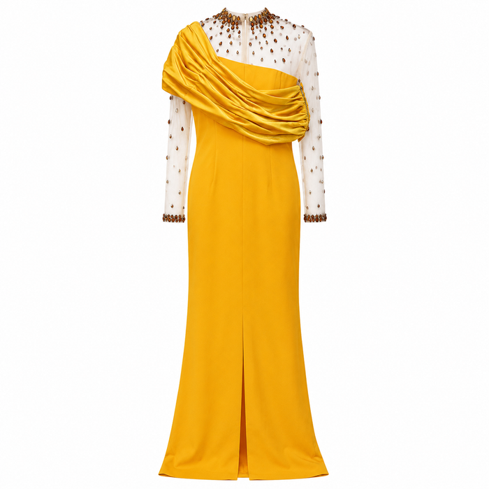 Golden Mustard Draped Evening Gown – Luxe