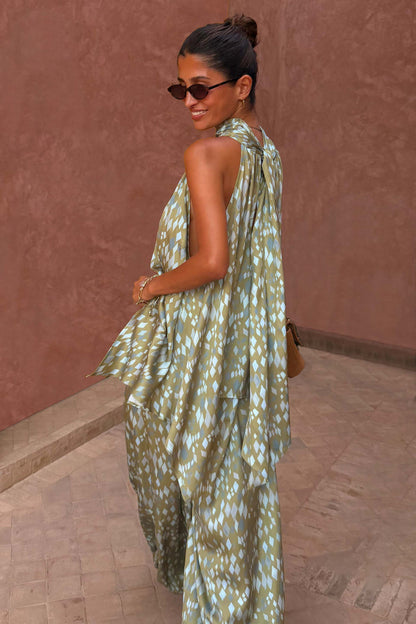 Green Diamond Print Halter Top in olive satin with a draped back scarf and asymmetric hem, part of a co-ord.