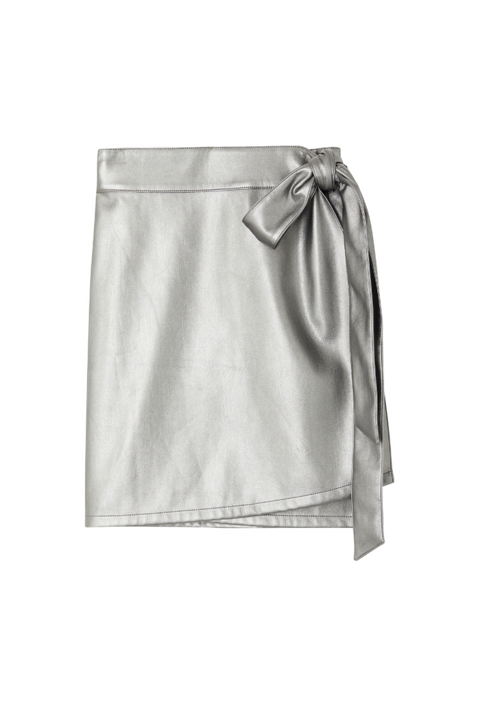 Gunmetal vegan leather mini Jaspre skirt with a wrap tie fastening and metallic finish.