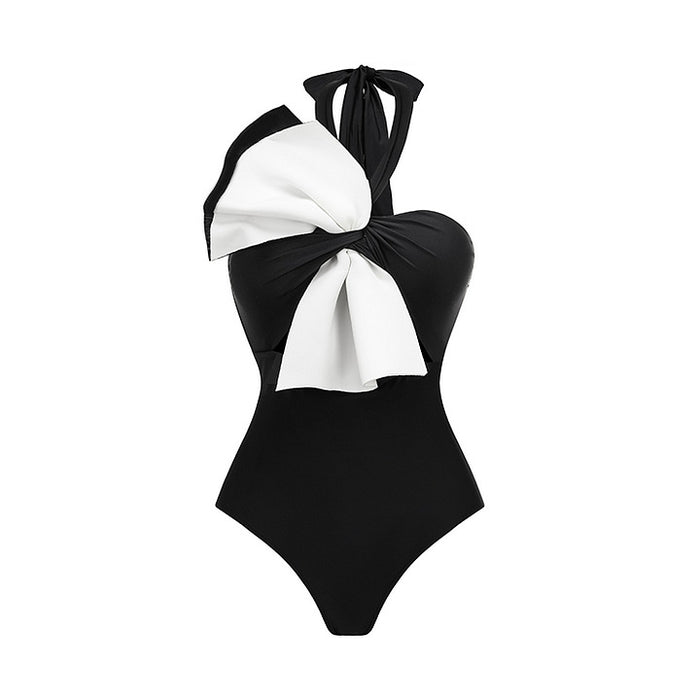 halter bow-detail swimsuit with draped wrap skirt – MUSE