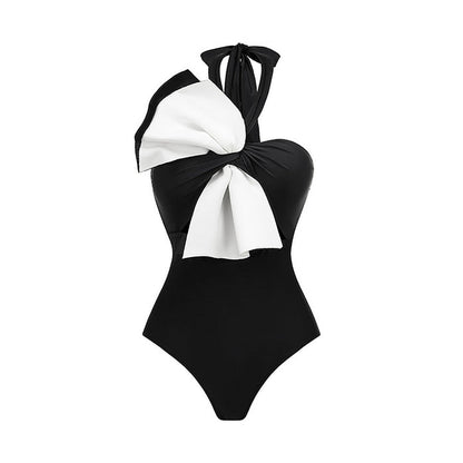 halter bow-detail swimsuit with draped wrap skirt – MUSE