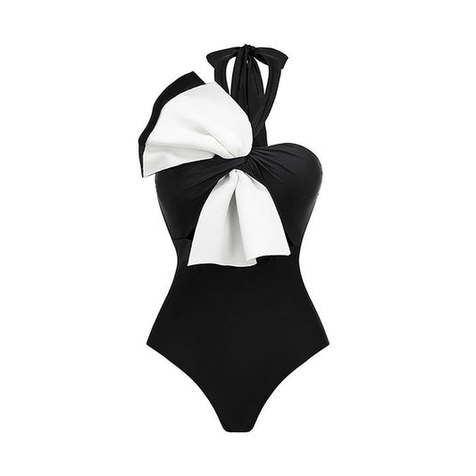 halter bow-detail swimsuit with draped wrap skirt – MUSE